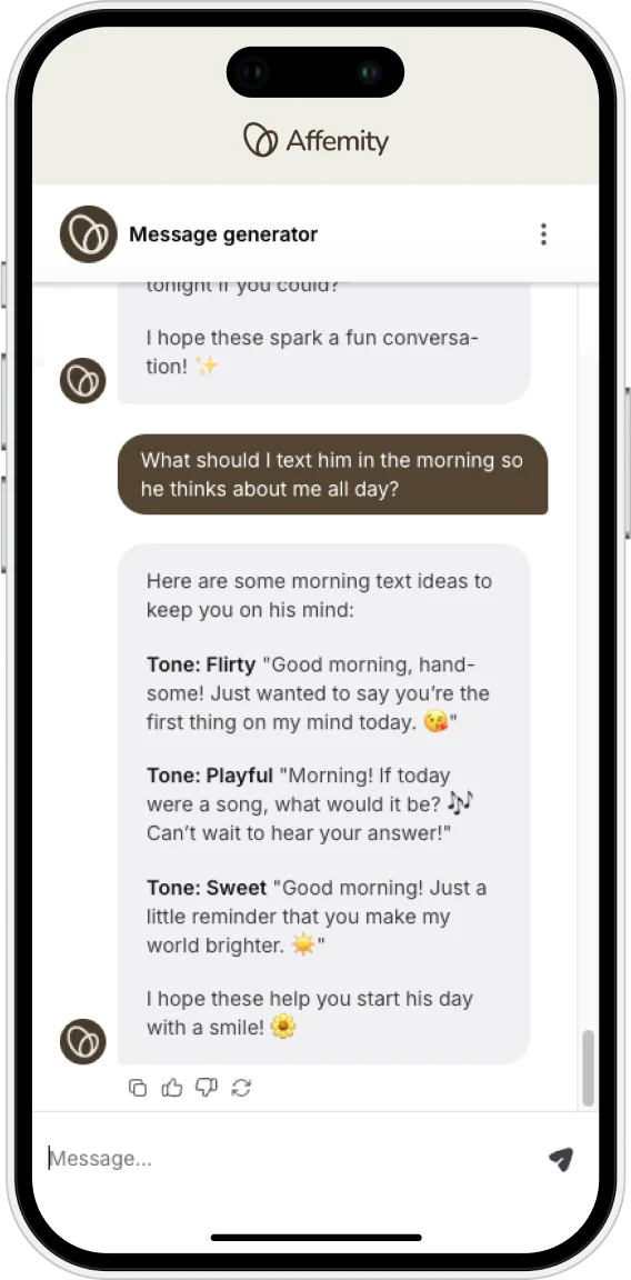 Use the AI Messaging Coach to rewrite or improve your texts to men — with clarity, confidence, and just the right tone.